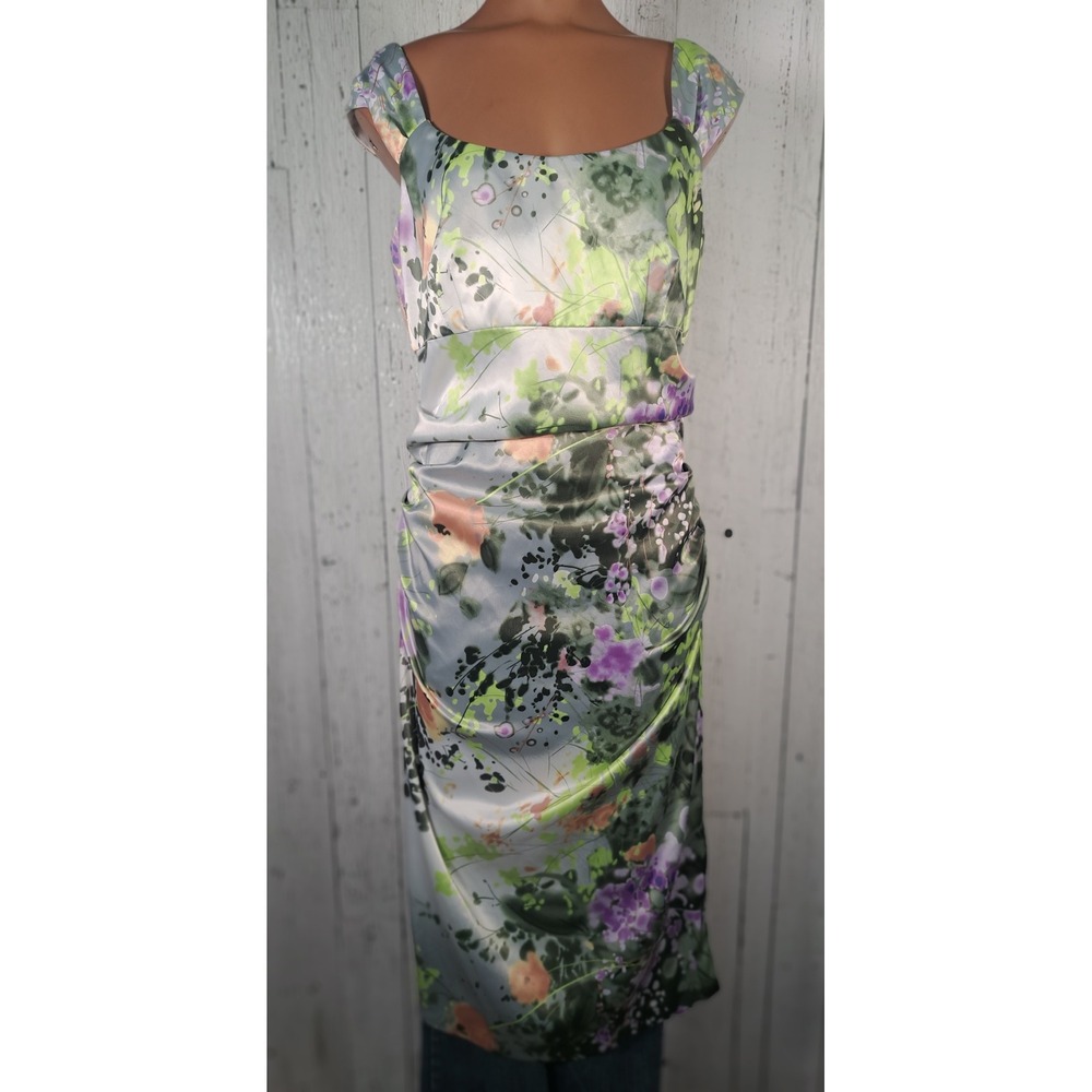 London Style Nights Watercolor Floral Satin Ruched Sheath‎ Dress Sleeveless